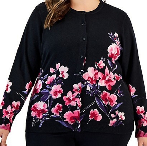 Karen Scott Daniella Relaxed-Fit Black w/ Pink Floral Button-Up Cardigan(L, PXL) - Picture 2 of 8